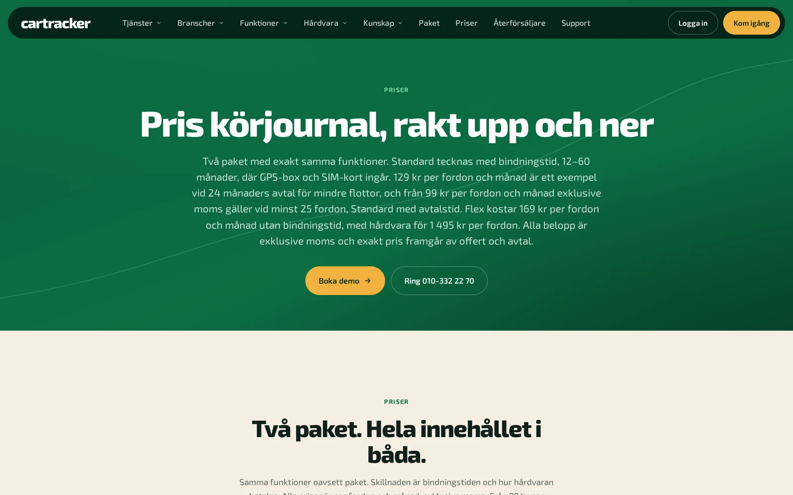 Cartrackers prissida med paketen Standard och Flex