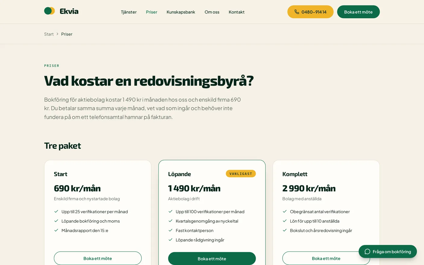 Ekvias prissida med tre paket och fasta månadspriser