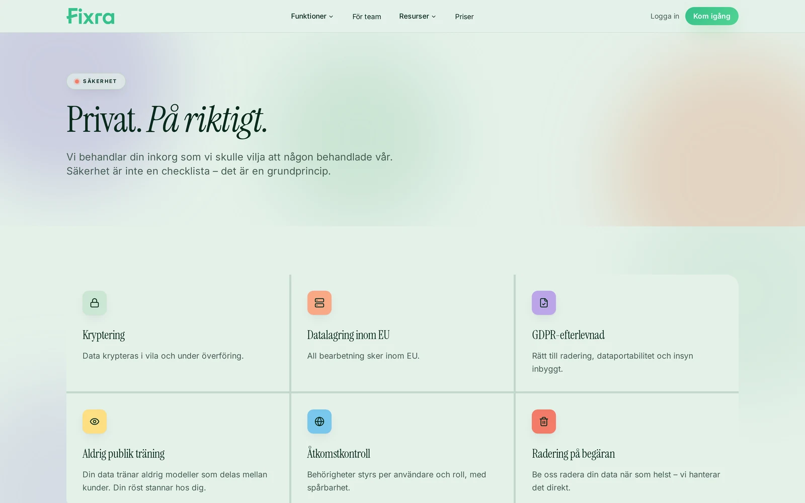 Närbild på Fixra AI:s säkerhetssida med kryptering och EU-datalagring