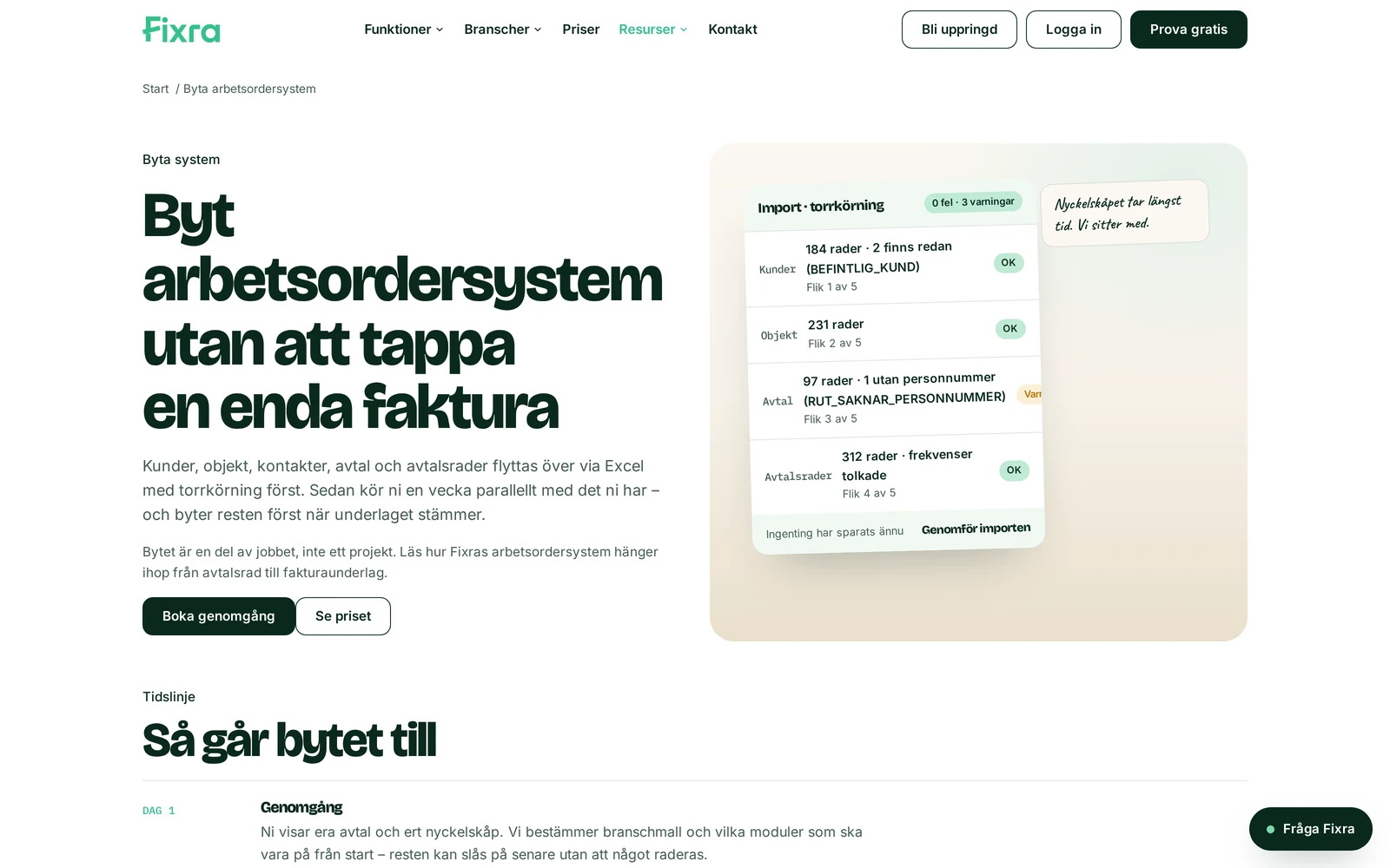 Landningssidan för att byta arbetsordersystem