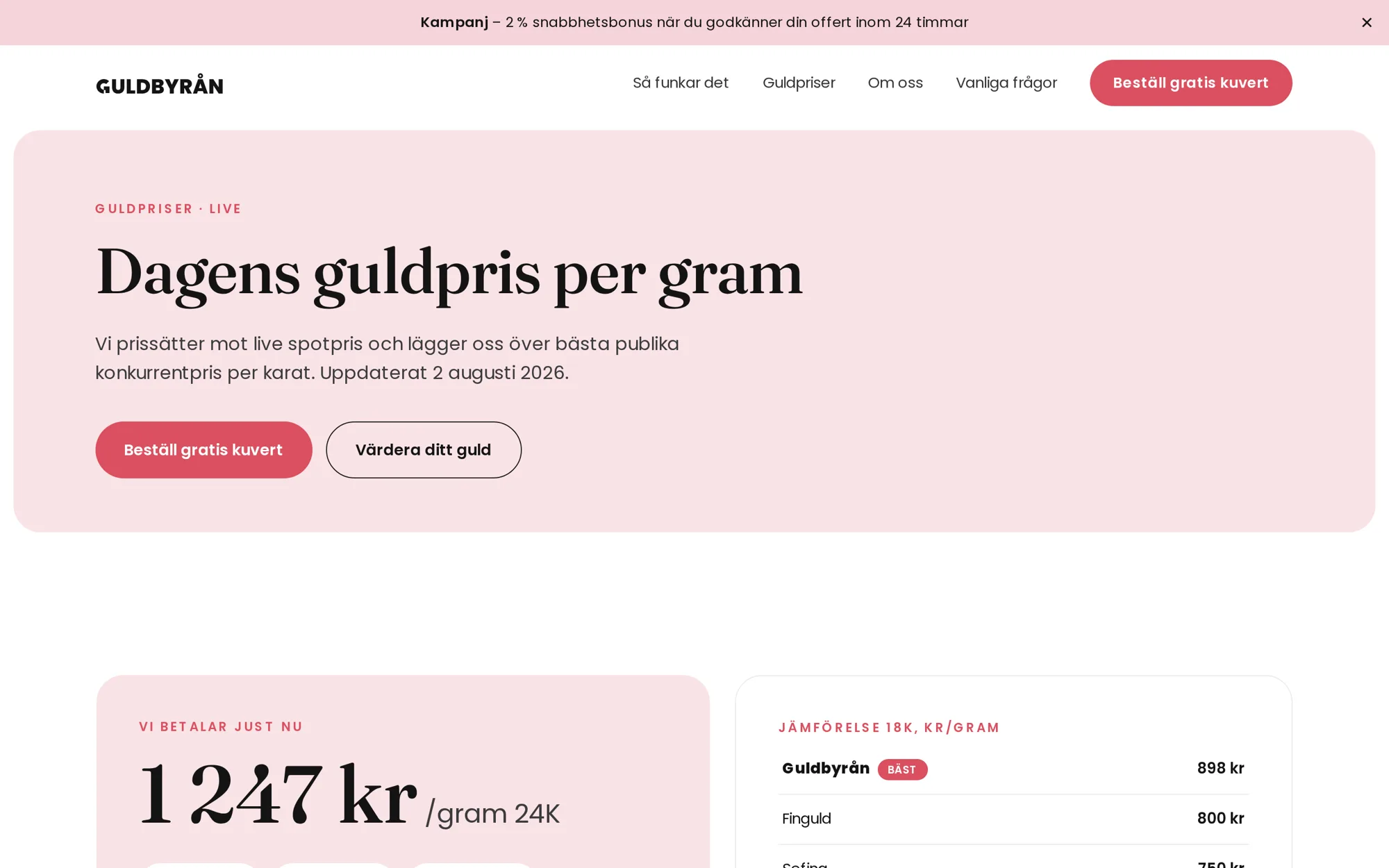 Guldbyråns guldprissida med riktpriser per karat och prisjämförelse
